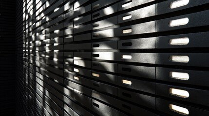 Abstract shadow patterns on a wall of metallic compartments.