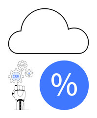 Cloud icon, robotic hand pointing to CRM gear, and percentage symbol for automation and efficiency. Ideal for technology, business, CRM, AI, automation cloud computing efficiency. Abstract line