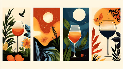 Four Wine Glasses Paired with Abstract Floral and Fruit Designs Creates Stunning Visuals
