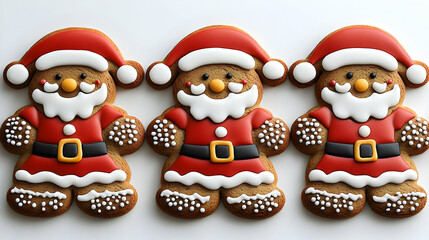 Three Gingerbread Holiday Figures Decorated with Icing and Sprinkles on White Background