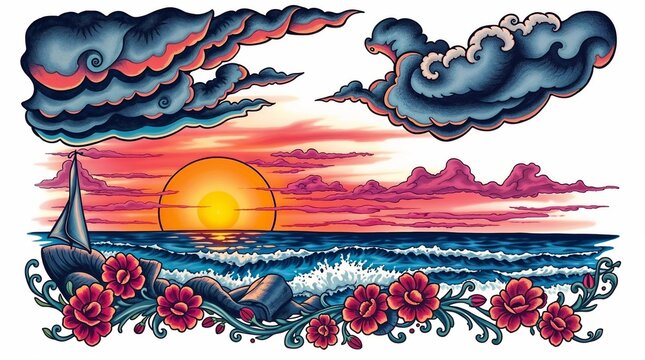 Vibrant sunset seascape illustration with clouds and roses, hotel business card, logo, invitation card, 