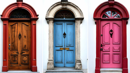 Three Colorful Arched Doors Display Architectural Charm with Unique Details Beautifully