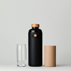 Modern Black Water Bottle and Glass with Cork Lid