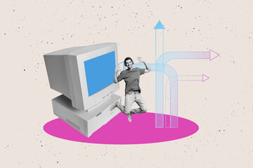 Composite trend artwork sketch image photo collage of office manager huge obsolete computer monitor young guy jump headphones music arrow
