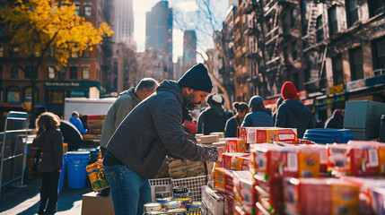 Volunteers Organizing Food Donations During a Community Charity Drive in Urban Setting
