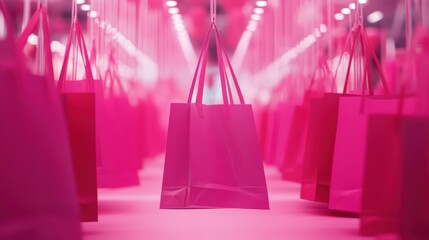 Rows of vibrant pink shopping bags hanging in a retail display, creating a visually striking and alluring shopping experience.