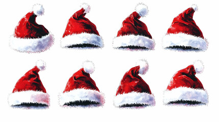 Eight Watercolor Santa Hats in Various Positions Isolated on White Background