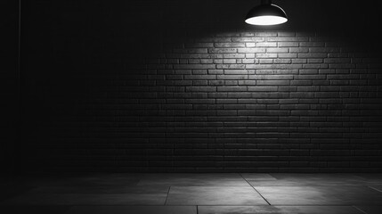 Dark room, brick wall, illuminated by single lamp.