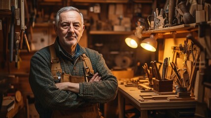 Obraz premium Skilled Serbian Carpenter Crafting Detailed Woodwork in Cozy Shop