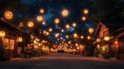Magical night scene of illuminated lanterns floating above a traditional Asian street.