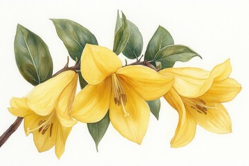 A detailed illustration of yellow flowers with green leaves on a branch.
