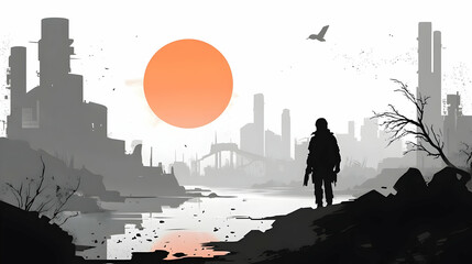 Naklejka premium Silhouetted Figure Stands Amidst Industrial Ruins Under a Large Orange Sun in a Dystopian Landscape