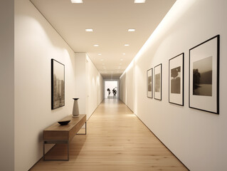 Simple minimalist hallway with white walls, minimalist wooden furniture and artwork on the wall