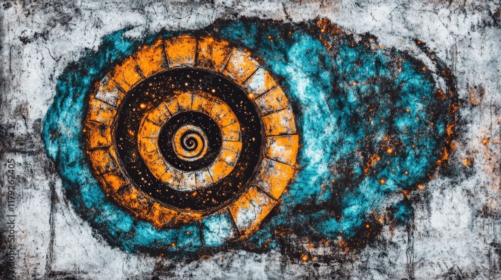 Poster abstract spiral pattern with bold orange and teal colors on a textured background for artistic creat