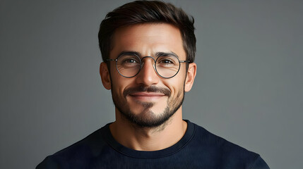 Portrait of a Smiling Man Wearing Glasses Exhibits Confidence and Style Against a Gray Backdrop.