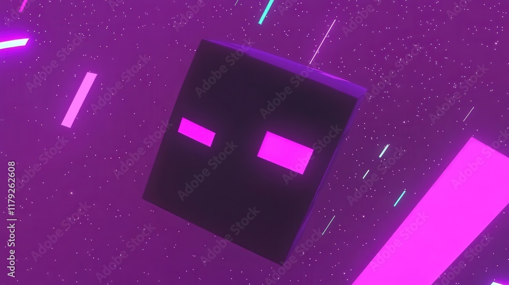 Poster 3d abstract cube design with futuristic neon glow and starry background in purple and black color sc