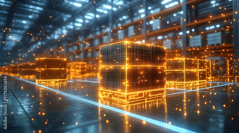 Aufkleber 3d render of glowing cubes in futuristic warehouse symbolizing advanced logistics or data storage sy