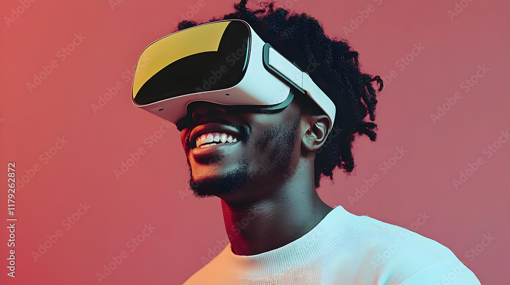 Poster man experiences virtual reality with vr headset, smiling joyfully with immersive technology on pink 