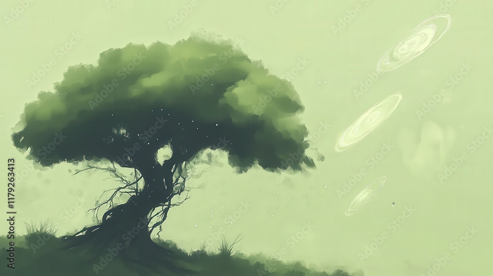 Poster majestic tree silhouette against ethereal green background with mystical circular patterns floating 
