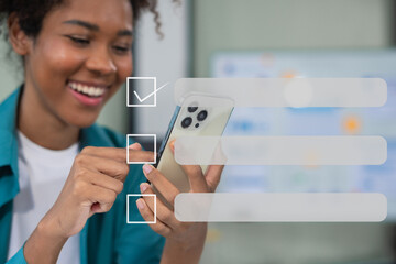 Businesswoman recording phone inquiry with checkboxes survey, doing assessment online survey answer...