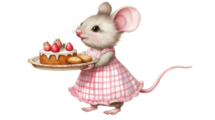 Adorable Mouse in Pink Dress Serving Strawberry Cake and Cookies: Perfect for Childon white and transparent Backgroundren's Books, Websites, and Greeting Cards