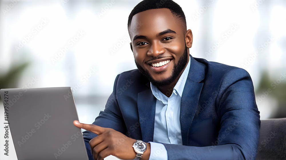 Poster smiling businessman points at laptop, successfully completing a project cheerfully in the office
