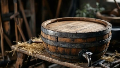 Fototapeta premium Rustic wooden barrel with metal hoops and a spigot on a workbench in a traditional workshop