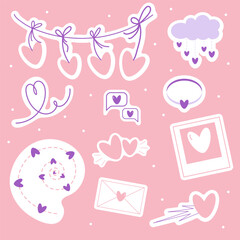 Vector set of Valentines day stickers with garland of hearts, line shapes, ring, chat bubble, cloud, asteroid, letter, photo card. Vector flat illustration
