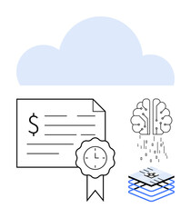 Business certificate with a ribbon, digital cloud, AI brain with neural connections, and layered data tablets. Ideal for technology, AI, cloud computing, digital transformation, data analytics