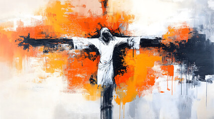 Abstract Crucifixion Art with Orange and White