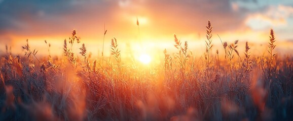 Sunset over golden field of grass.