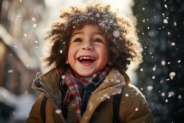 Portrait of a cheerful child laughing and playing under the falling snow in a winter city