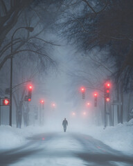 Lonely Figure Walking on a Foggy Winter Street