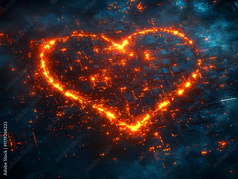 Poster glowing electric circuit pattern in the shape of a heart symbolizing energy and life in a visually c
