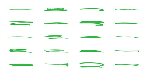 Green marker lines for underlining and highlight. Brush ink, pen, pencil stroke vector collection isolated on white background
