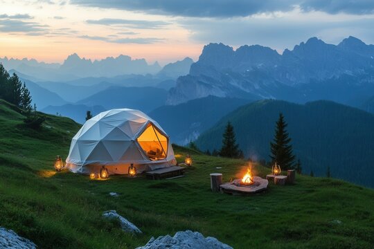 Geodesic dome tent glamping at dusk in mountain landscape with campfire ambiance.