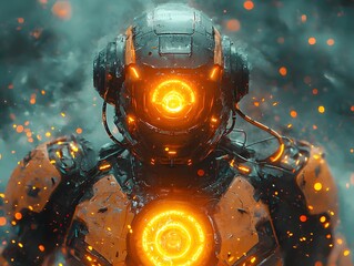 Glowing Sci Fi Robot Charging Its Power Core with Electrical Currents