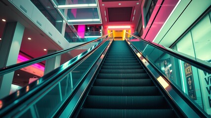 Bright Escalator, Modern Stairway,  Dynamic Movement,  Sharp Colors,  Depth of Field