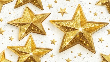 Fototapeta premium A vibrant pattern of golden glitter stars scattered on a white background, exuding a festive and celebratory feel.