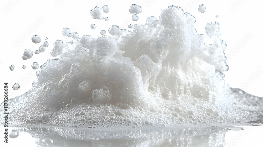 Aufkleber white foam bubbles erupt and overflow on a reflective surface against a white background.