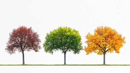 Naklejka premium Seasonal change: oak trees representing winter, spring, summer, and autumn, showcasing unique foliage colors.