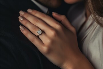 Woman showing her beautiful engagement ring while embracing her partner