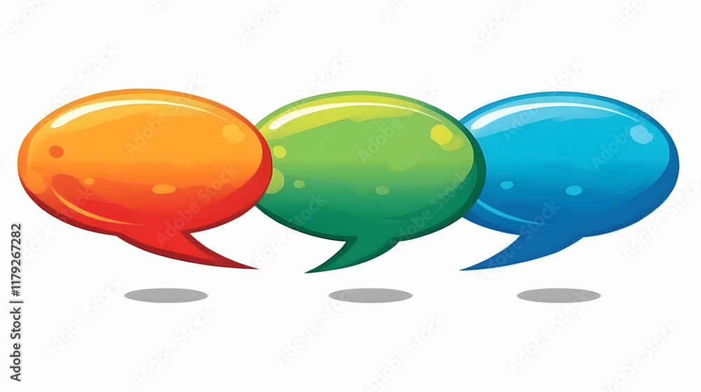 Poster three glossy speech bubbles float in vibrant colors for communication design
