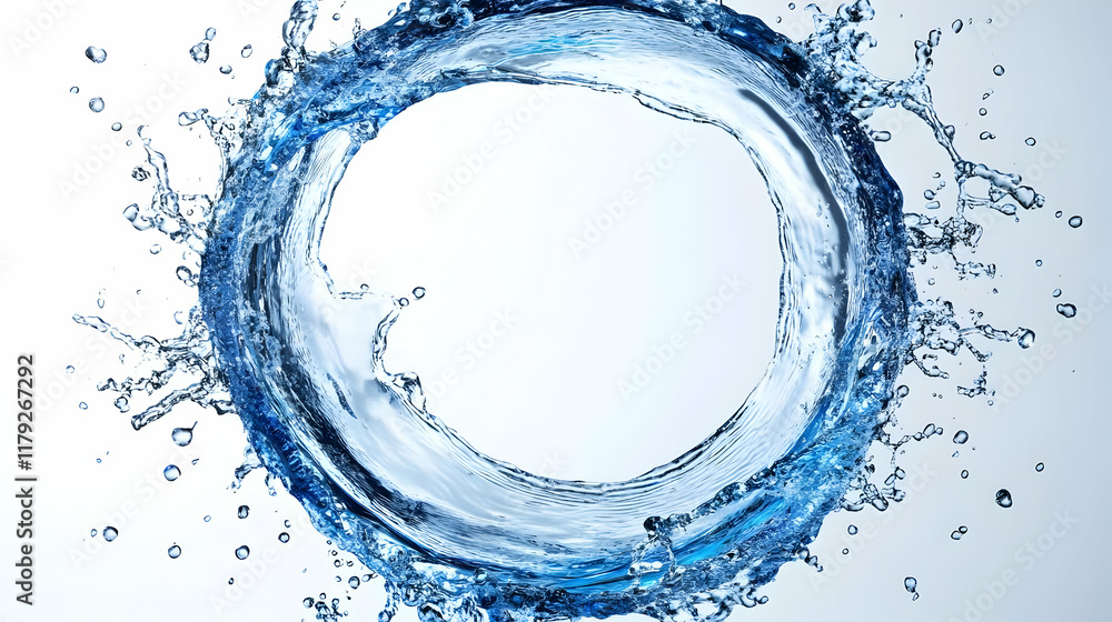 Poster circular water splash forms a dynamic ring with droplets on a white background