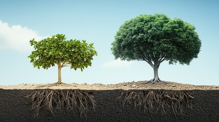 Obraz premium Side-by-side comparison: small tree and large tree rooted in split soil, dramatic representation of growth.