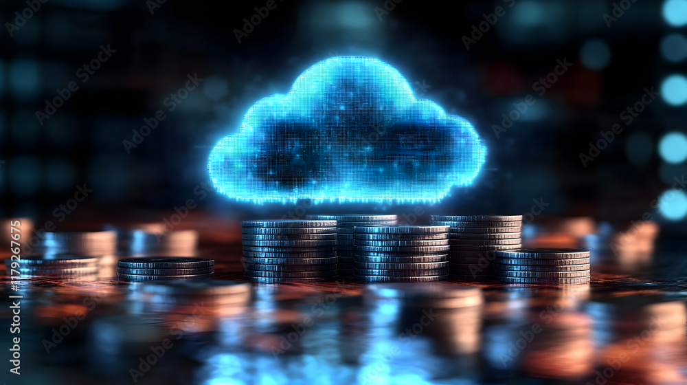 Poster digital cloud computing storage above stacked coins in futuristic background illustrates cloud compu