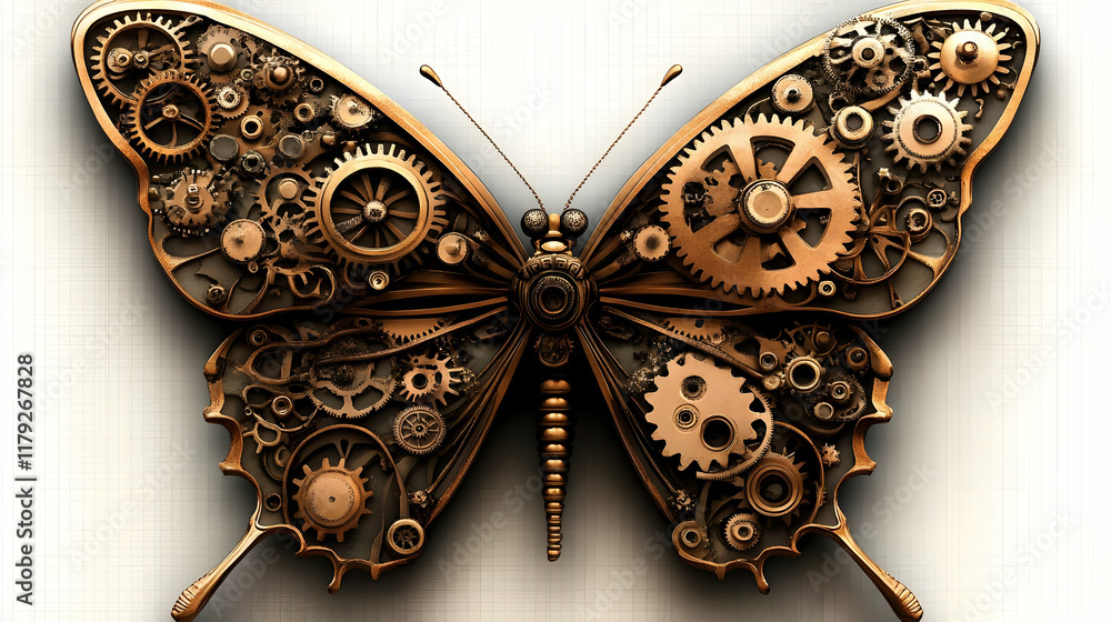 Aufkleber mechanical butterfly with intricate gears and cogs spreads its wings elegantly on grid background.