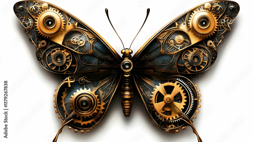 Poster mechanical butterfly with intricate gears and cogs spreads its wings elegantly on white background