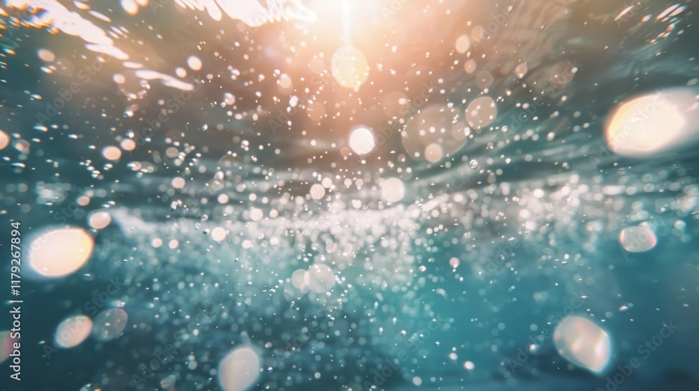 Poster sunlight streams into the water, illuminating bubbles gently rising towards the surface in a tranqui