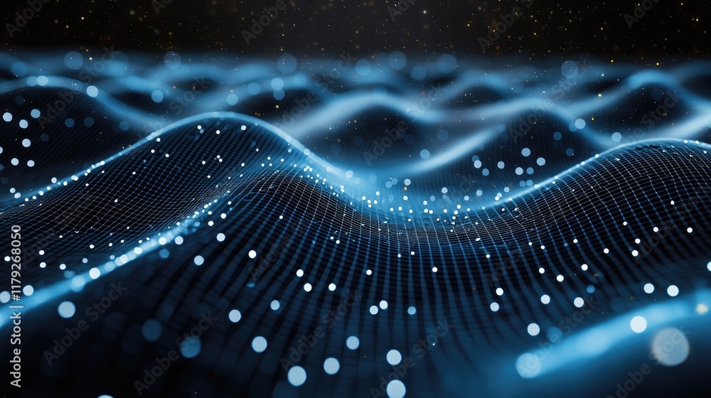 Poster abstract blue digital waves: futuristic technology background. mesmerizing grid and particle effects